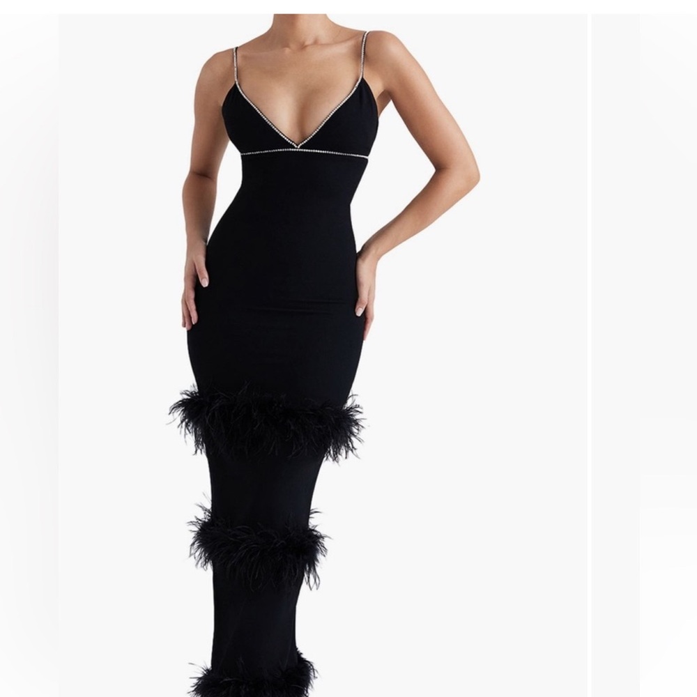 House of CB Black Feather Embellished Gown